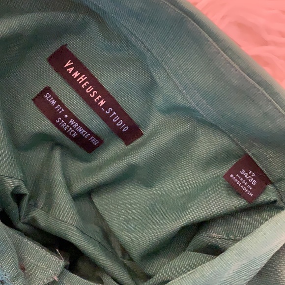 NEW VanHeusen Studio Slim Fit Wrinkle Free Stretch 17 34/35 NWT Pine Green $45 - Picture 7 of 9